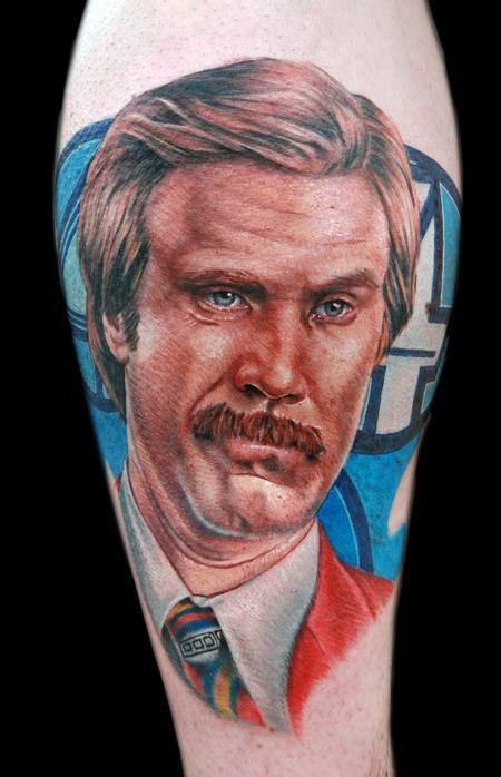 Portrait style colored tattoo of famous actor face