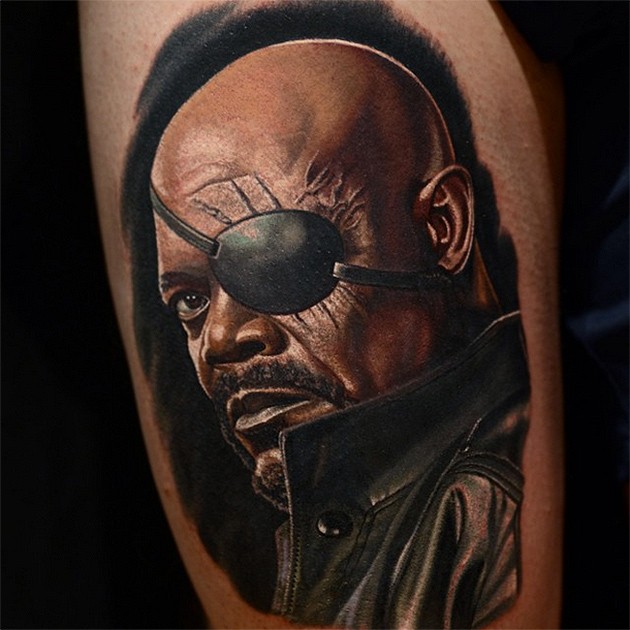 Portrait style colored tattoo of Nick Fury face
