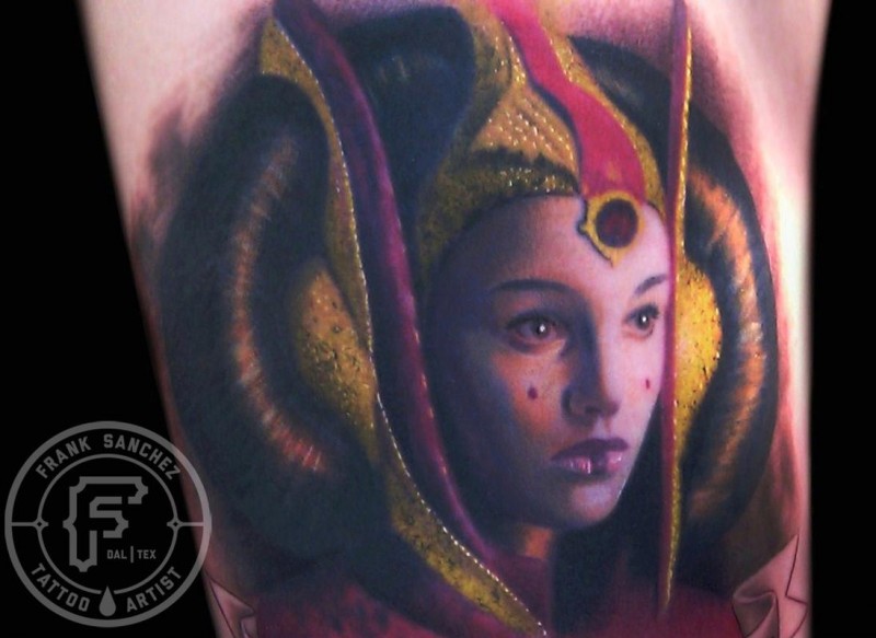 Portrait style colored tattoo of Star Wars queen