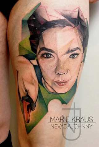 Portrait style colored thigh tattoo of woman face and swan