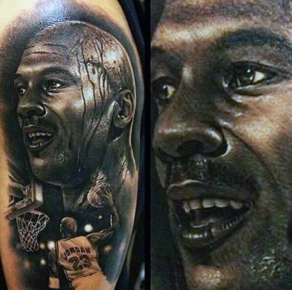 Portrait style shoulder tattoo of Michael Jordan face