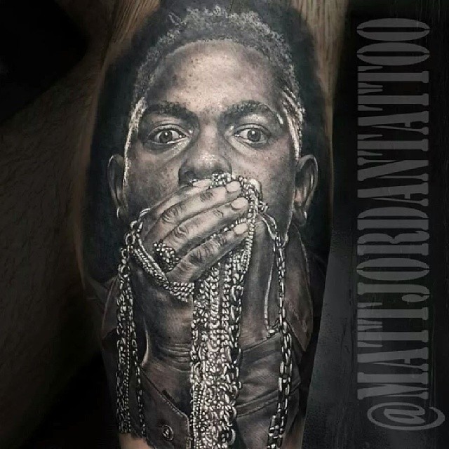 Portrait style very detailed leg tattoo of man with jewelry