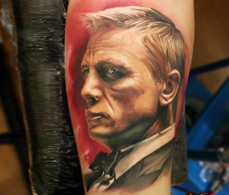 Portrait style very detailed tattoo of James Bond