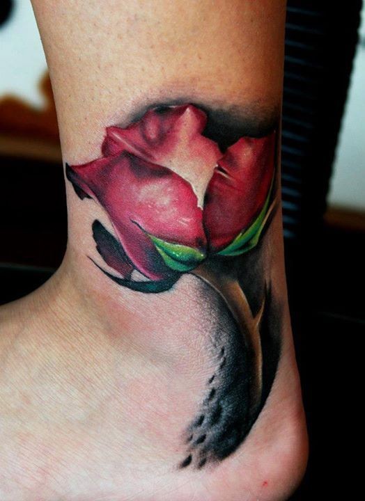 Pretty red rose looks like real foot tattoo