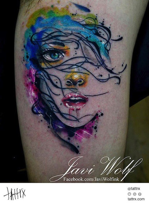 Pretty young girl&quots portrait colored watercolor stylized tattoo by Javi Wolf