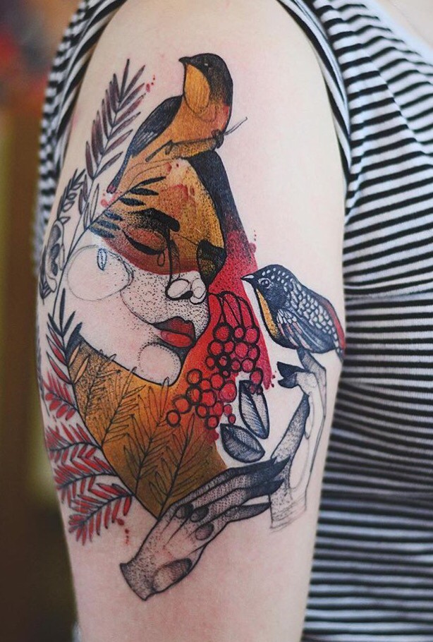 Psychedelic fantasy of Joanna Swirska tattoo on upper arm