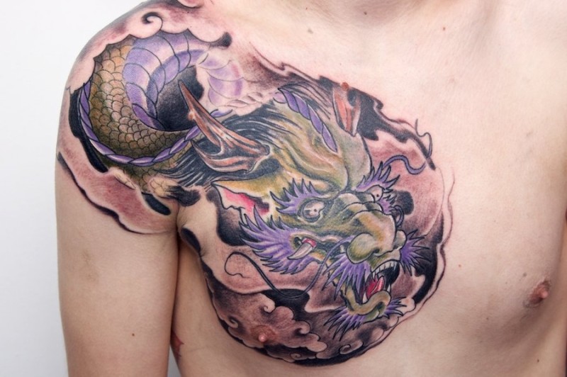 Purple dragon tattoo on chest by graynd
