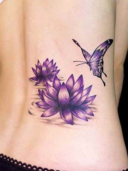 Purple flowers and butterfly tattoo on ribs