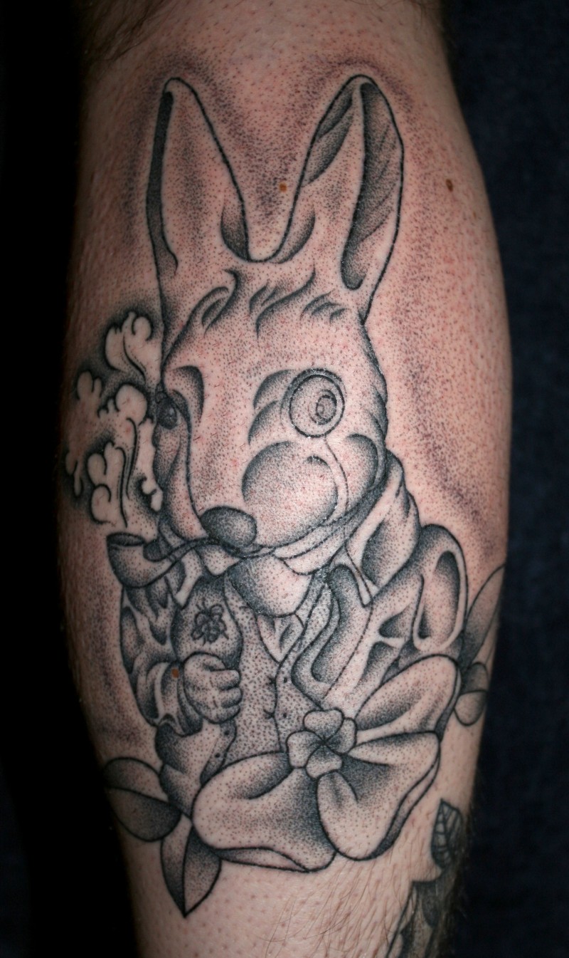 Rabbit from Alice in Wonderland smoking pipe black original tattoo with flower