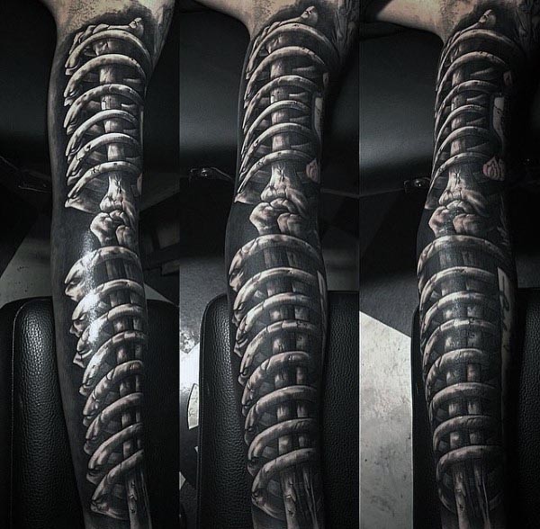 Real life like black ink sleeve tattoo of human bones