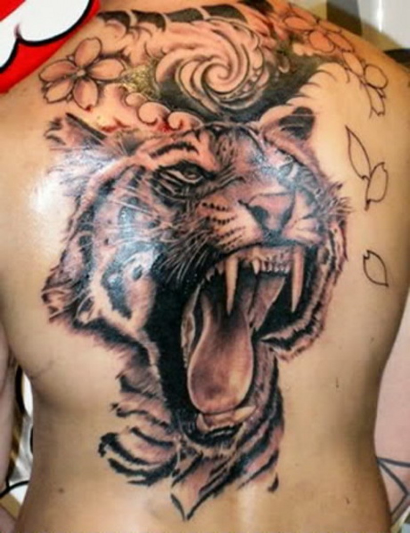 Real life like colored roaring tiger tattoo on back with flowers