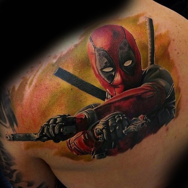 Real lifelike colored back tattoo of Deadpool with pistols and sword