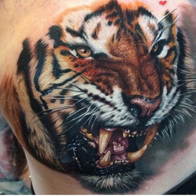 Real photo like big multicolored 3D tattoo of angry tiger head