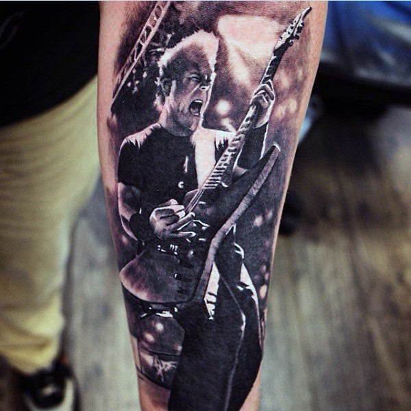 Real photo like black and white famous rock star tattoo on arm