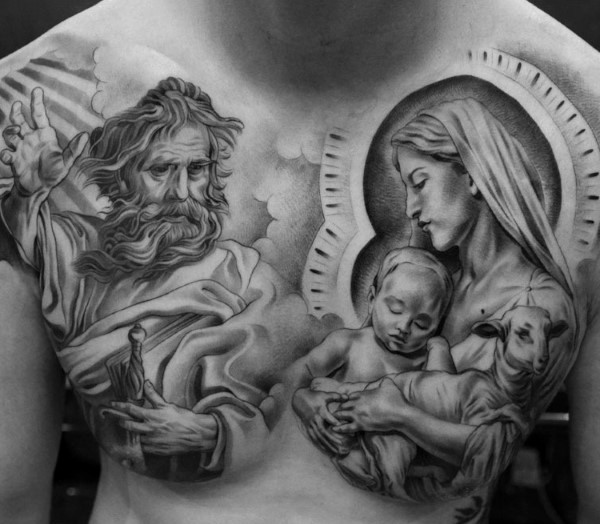 Tatuaje en el pecho,  santas divinos, tema religioso