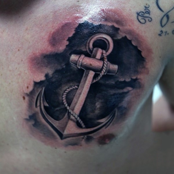 Real photo like black and white roped anchor tattoo on chest