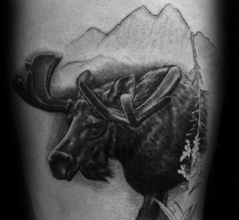 Real photo like black and white tattoo of detailed elk in mountains