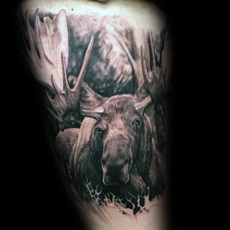 Real photo like black and white thigh tattoo of big elk in woods