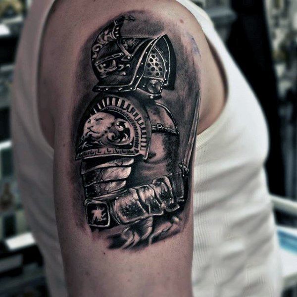 Real photo like black ink detailed shoulder tattoo of medieval knight armor