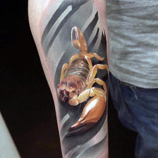 Real photo like multicolored scorpion tattoo on arm