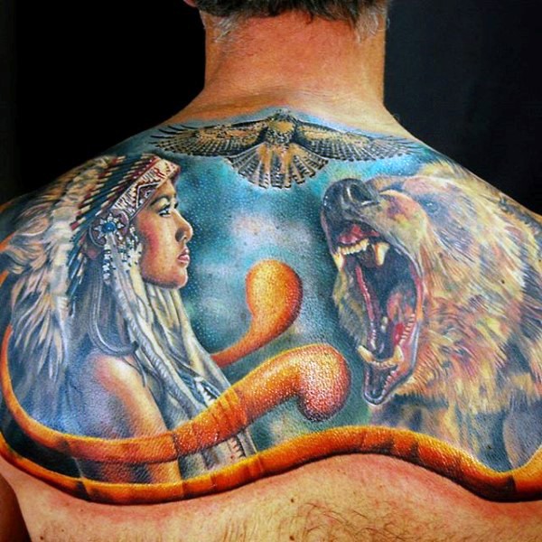 Real photo like very beautiful Indian woman tattoo on upper back stylized with roaring bear abd eagle