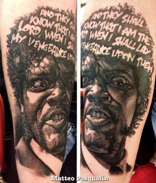 Real photo like very detailed black and white famous actor portrait tattoo stylized with lettering