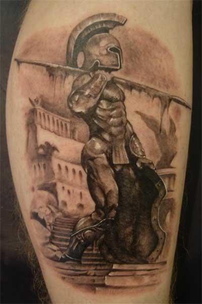 Real photo like very detailed black ink leg tattoo of antic Greece warrior statue