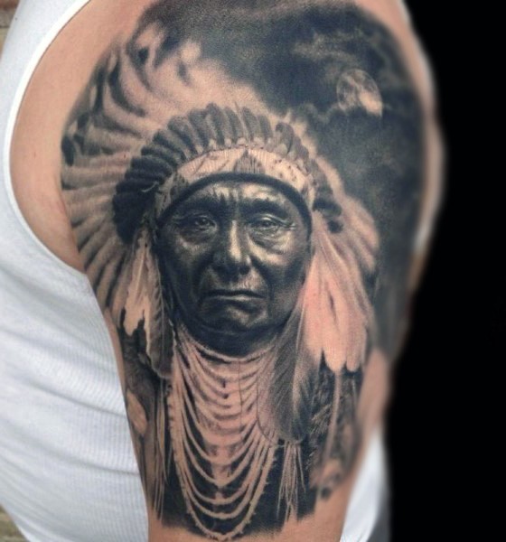Real photo like very detailed colored old Indian tattoo on shoulder with moon