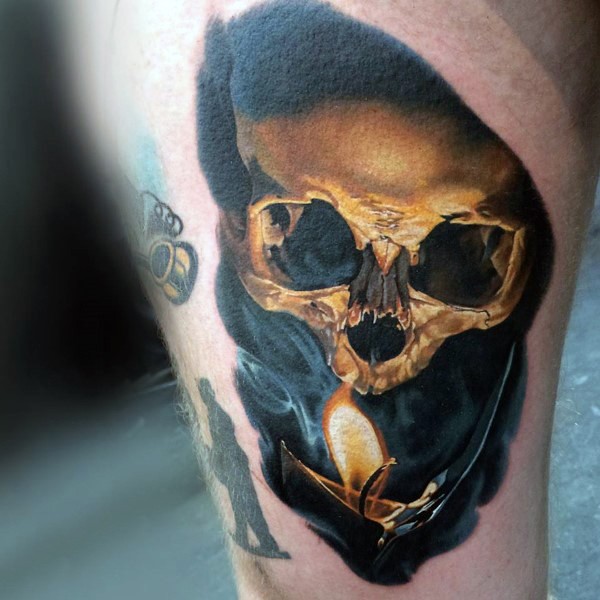 Real photo like very detailed colored skull with candle tattoo on thigh