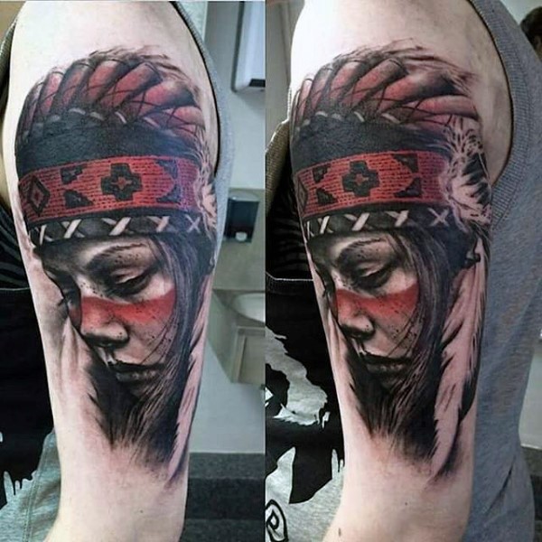 Real photo like very detailed colorful sad Indian woman tattoo on upper arm