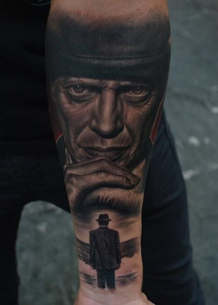 Real photo like very detailed famous actor portrait tattoo on forearm