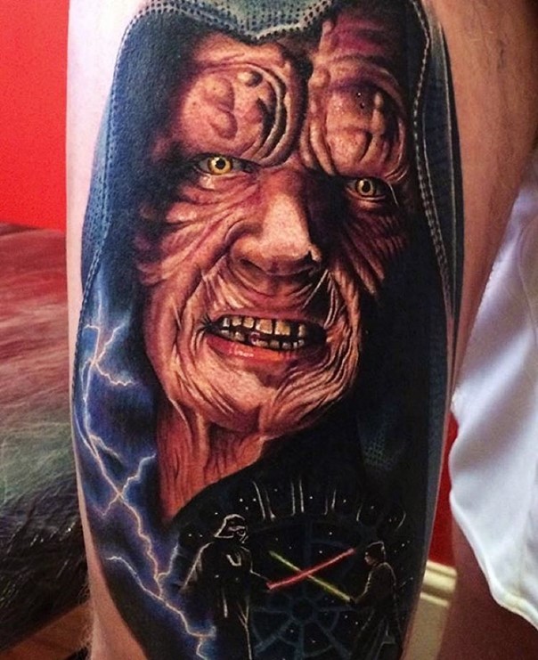 Real photo like very detailed natural colored evil emperor portrait tattoo on arm