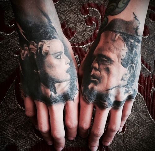 Real photo like very detailed old horror movies heroes tattoo on hands