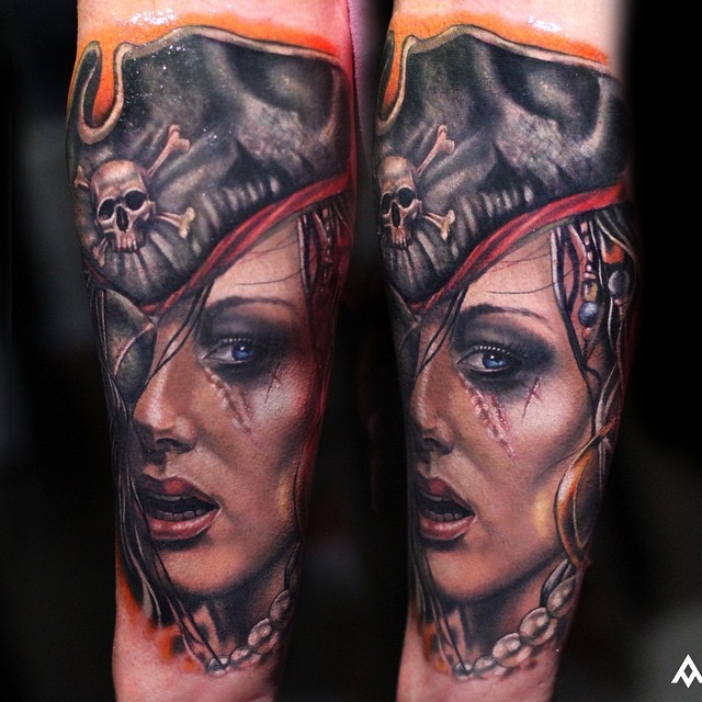Real photo like very detailed woman pirate tattoo on forearm
