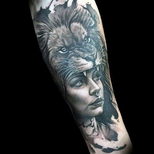 Real portrait style detailed arm tattoo of ancient woman with lion helmet