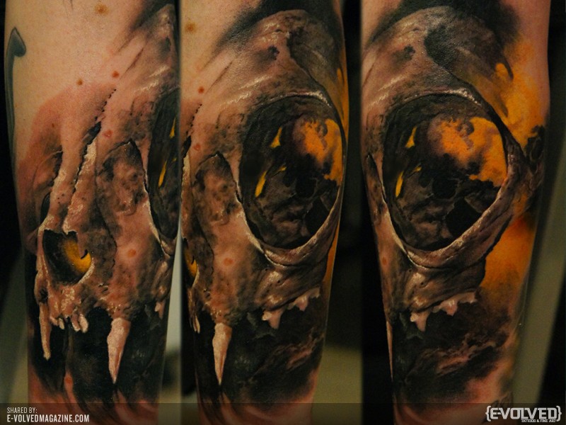 Realism style arm colored  tattoo of big cat skull