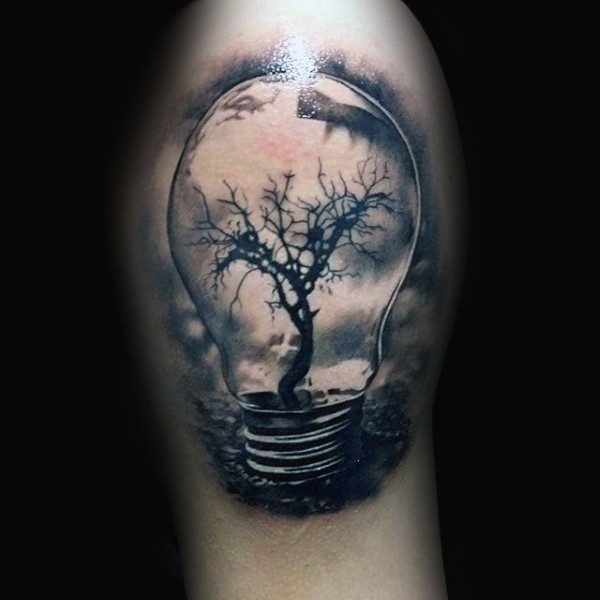 Realism style big bulb tattoo stylized with tree