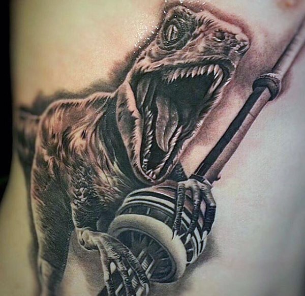 Realism style black and gray dinosaur in city tattoo on side tattoo