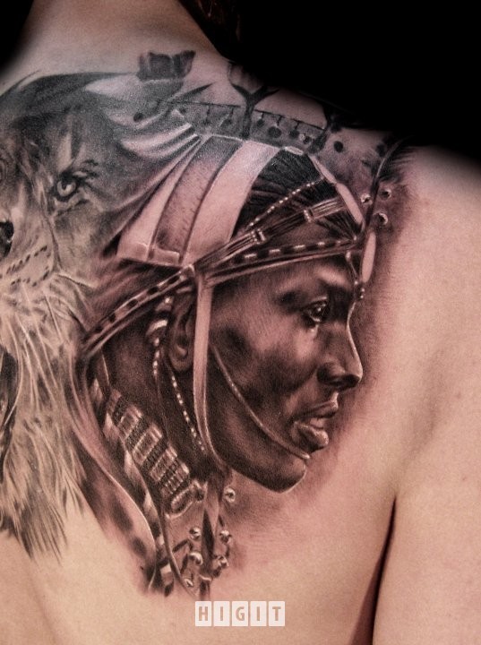 Realism style black and gray style back tattoo of tribal human with lion