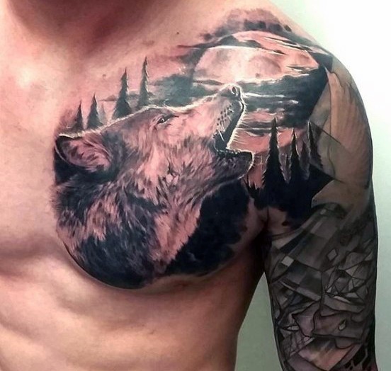 Realism style black and white chest and shoulder tattoo of wolf with moo and pigeon