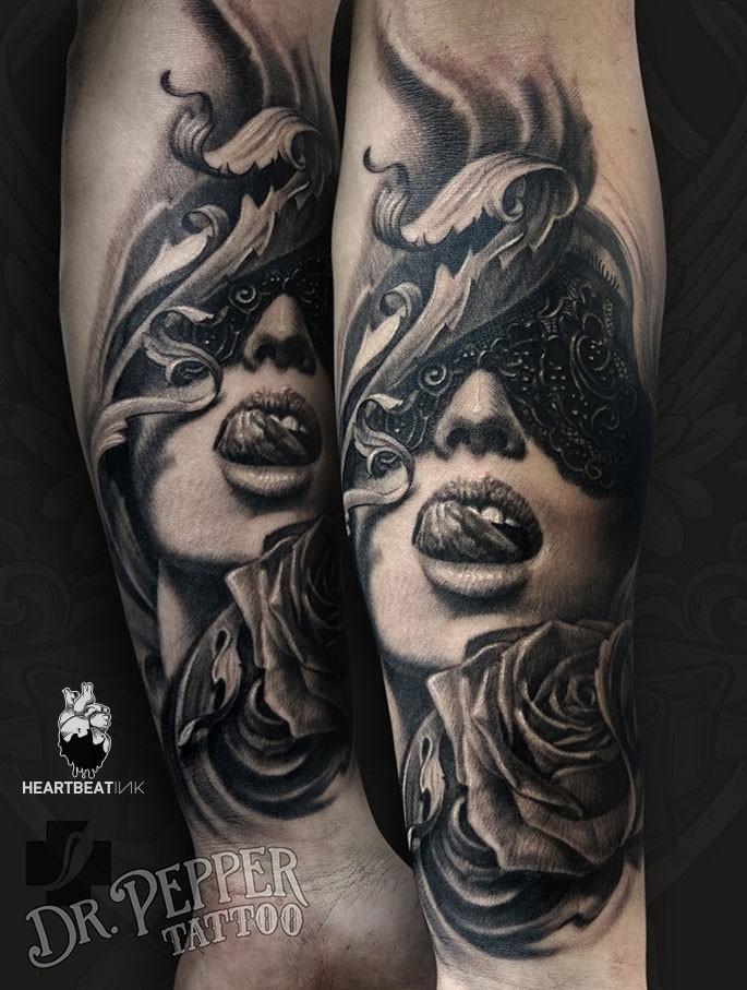 Realism style black and white forearm tattoo of woman with mask and rose
