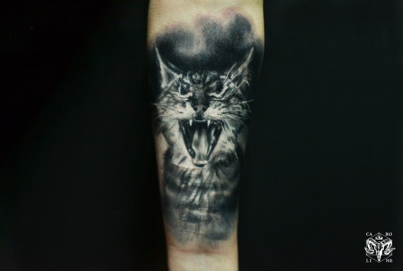 Realism style black and white forearm tattoo of cat