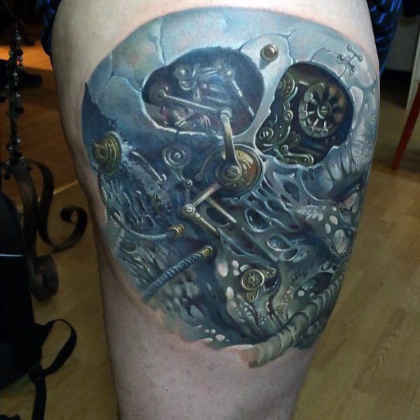 Realism style black ink thigh tattoo of interesting mechanism