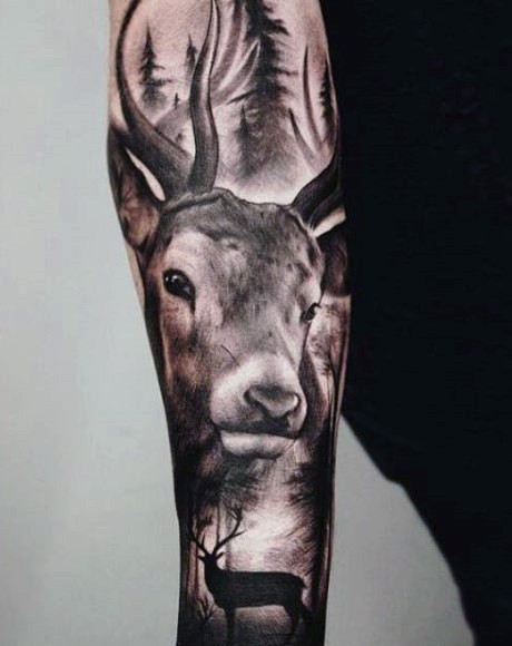 Realism style black ink wonderful painted sleeve tattoo of deer in forest