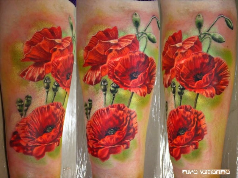 Realism style colored arm tattoo of wonderful flowers