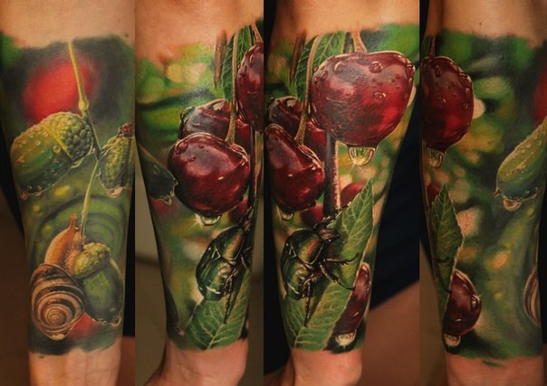 Realism style colored arm tattoo of gorgeous cherries