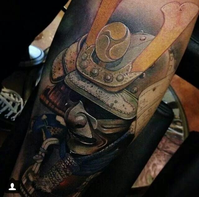Realism style colored arm tattoo of incredible looking samurai suit