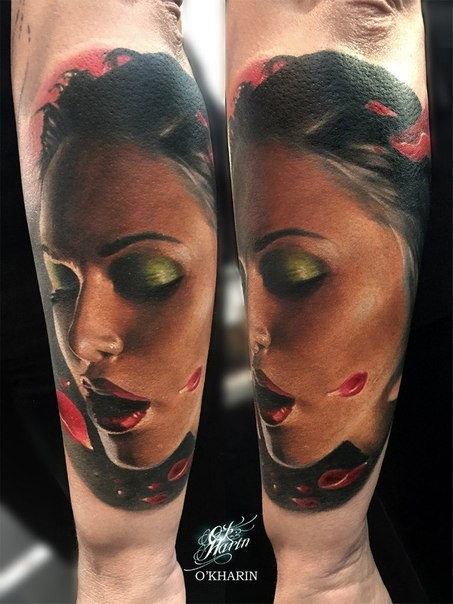 Realism style colored arm tattoo of beautiful woman