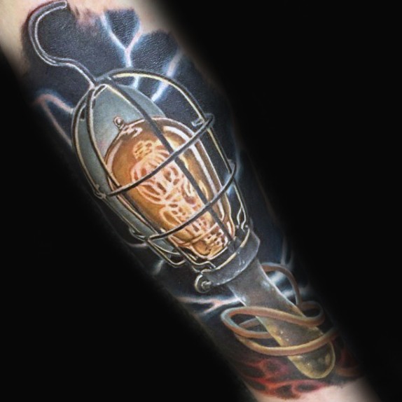 Realism style colored arm tattoo of bulb lighter