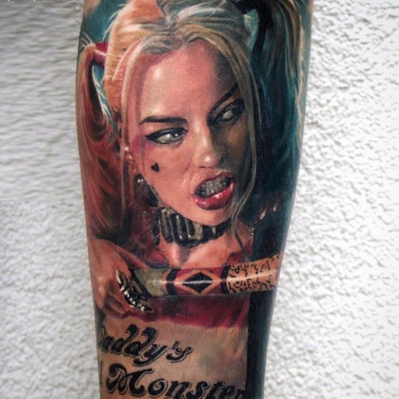 Realism style colored arm tattoo of crazy woman from famous movie